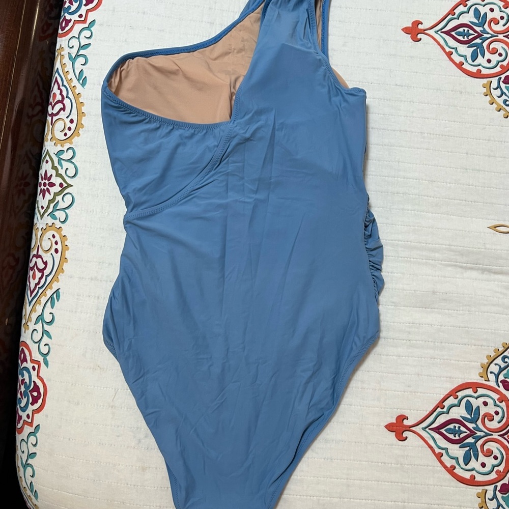 J. Crew Asymmetric One-Shoulder Blue Ruched Swimsuit - Picture 2 of 4